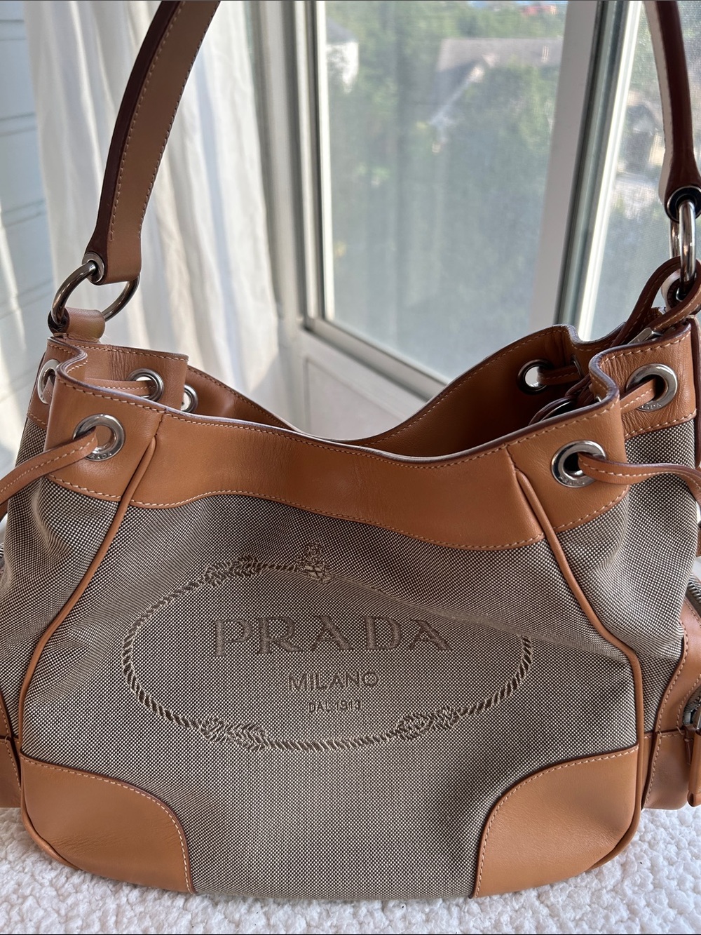 Prada Beige Canvas Shoulder Bag with Tan Leather Trim